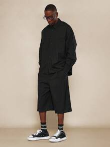 SUMWON Bộ 2 món áo sơ mi dài tay kẻ sọc và quần jort - màu đen - Xem 1