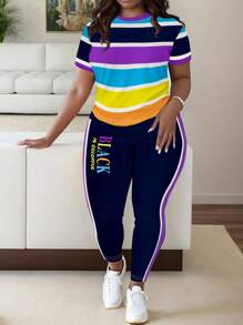BamGleam 2pcs Women Fashionable Colorful Stripe Print T-Shirt And Pants Casual Set