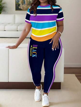 BamGleam 2 件套女士时尚彩色条纹印花 T 恤和裤子休闲套装