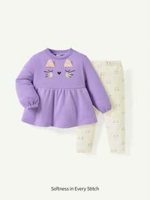 Cozy Pixies Set de haine de toamnă 2 bucăți pentru fetiță drăguță pisică grafică cu gât rotund și jambiere