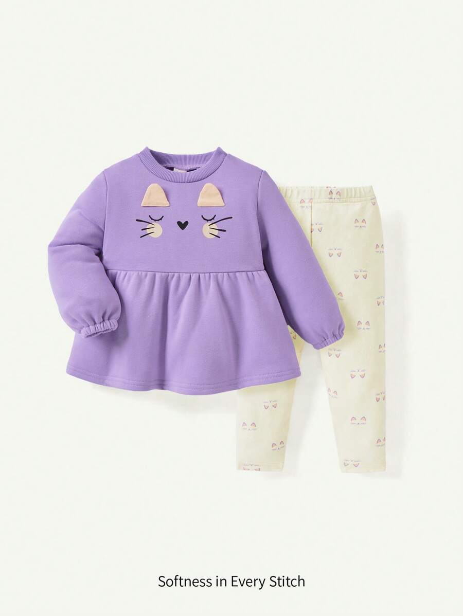 Cozy Pixies Set de haine de toamnă 2 bucăți pentru fetiță drăguță pisică grafică cu gât rotund și jambiere