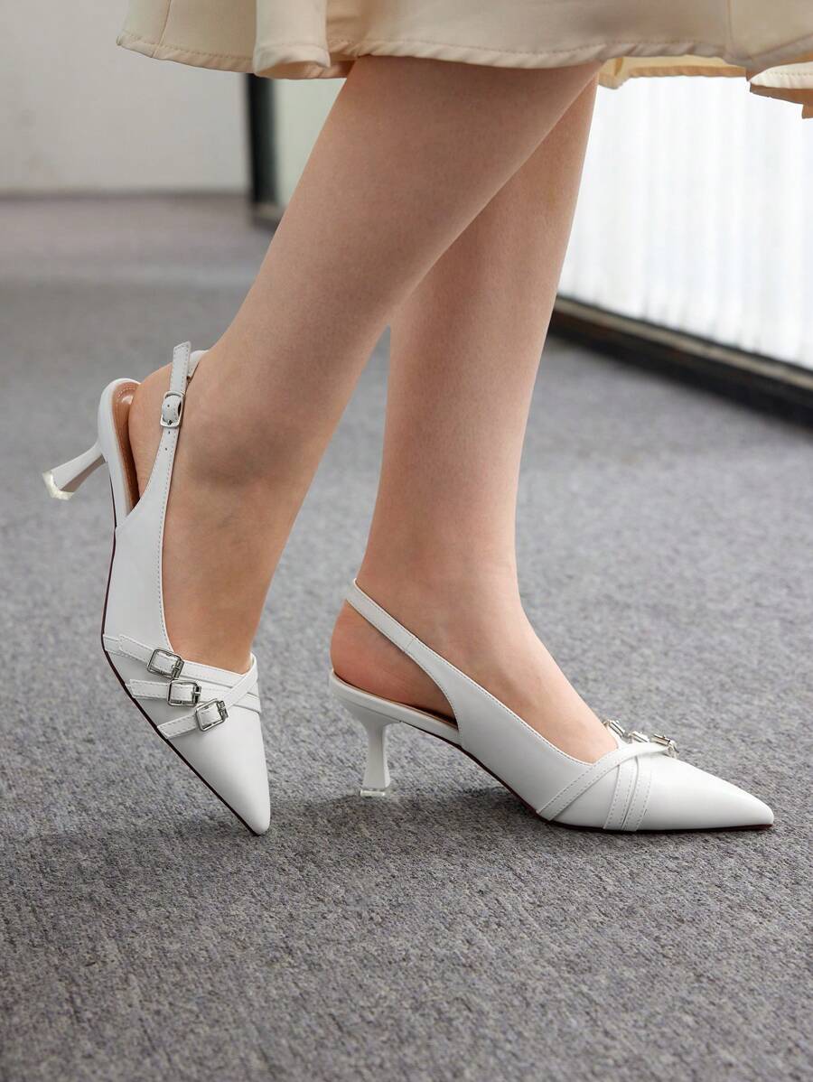 CUCCOO BIZCHIC 女士鞋时尚白色扣后带尖头细中跟鞋通勤约会聚会婚礼度假圣诞节秋季新年假期 - 白色 - 查看 1