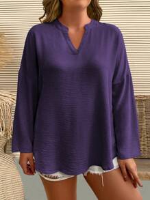 EMERY ROSE 大码女式纯色简约休闲长袖衬衫 - 紫色 - 查看 4