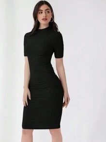 SHEIN Essnce Mock Neck Solid Bodycon Dress,Summer Dresses For Women - Black - View 3
