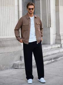 Manfinity Homme 男士纯色简约日常长袖夹克 - 杏色 - 查看 6