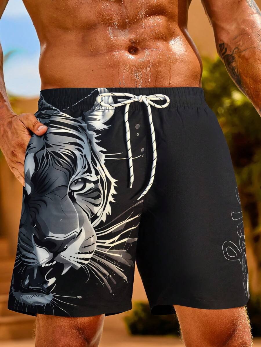 Manfinity Swimmode Men's Letter & Tiger Print Drawstring Waist Casual Beach Shorts - Black - View 1