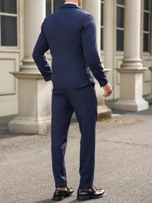 Manfinity Mode Men's Stand Collar Buttoned Front Long Sleeve Minimalist Blazer And Pants Set - Navy Blue - View 2