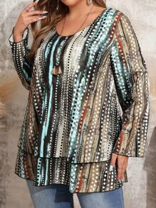 EMERY ROSE Plus Size Women's Fall Polka Dot Print Crew Neck Long Sleeve Ruffled Hem Blouse - Green - View 1