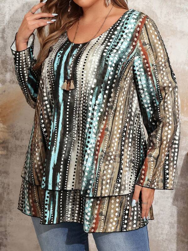 EMERY ROSE Plus Size Women's Fall Polka Dot Print Crew Neck Long Sleeve Ruffled Hem Blouse