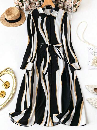 SHEIN LUNE Plus Size Women's Summer Wave Randig Långärmad Casual Shirt Dress Maxi Women Outfit