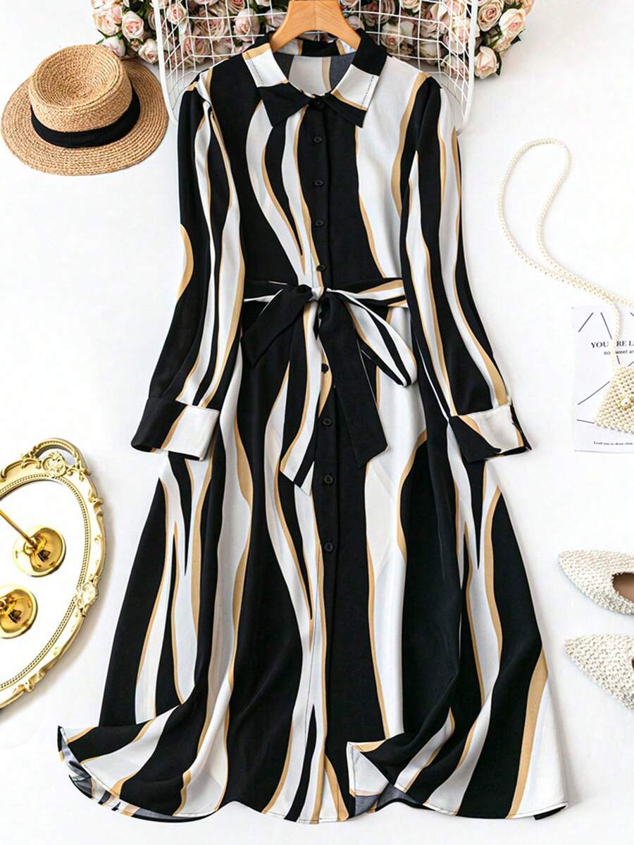 SHEIN LUNE 大码女式夏季波浪条纹长袖休闲衬衫裙长款女装 - 彩色 - 查看 1