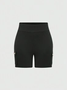 SHEIN LUNE Pantalones cortos negros y ajustados para mujeres, con múltiples bolsillos, ropa de trabajo para yoga en verano - Negro - Ver 3