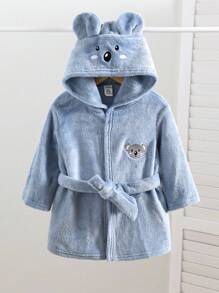 男婴可爱动物印花连帽法兰绒长袍，秋冬款 - 淺藍色 - 查看 3