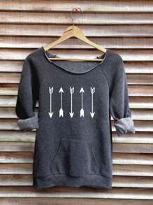 SHEIN LUNE Áo nỉ cổ tròn tay raglan họa tiết mũi tên đơn giản cho nữ, phù hợp cho mùa thu đông - màu đen - Xem 1