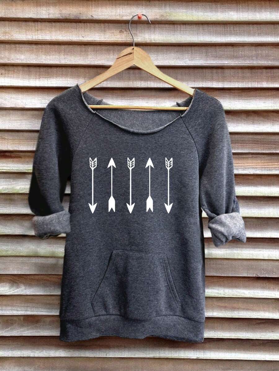 SHEIN LUNE Áo nỉ cổ tròn tay raglan họa tiết mũi tên đơn giản cho nữ, phù hợp cho mùa thu đông - màu đen - Xem 1