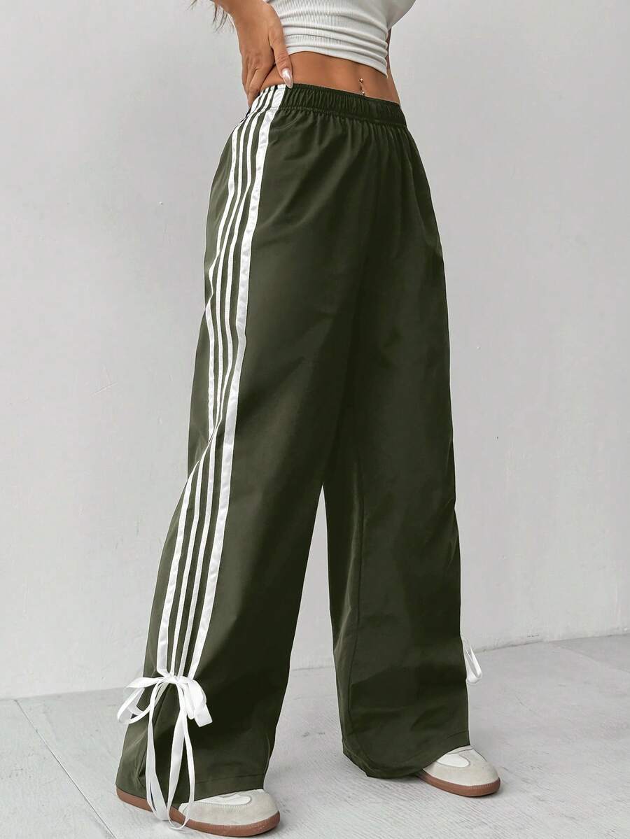 SHEIN PETITE Pantaloni alla caviglia con laccetti e righe a contrasto per donna - Verde Oliva - Visualizzare 1