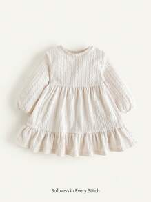 Cozy Pixies Baby Girl Wave Pattern Round Neck Dropped Shoulder Puff Sleeve Waisted Dress - Apricot - View 5