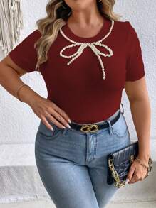 SHEIN LUNE Blusa de punto de manga corta con cuello redondo y decoración de cuentas redondas para mujer de talla grande