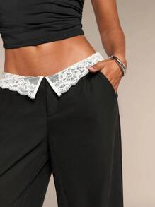 SHEIN BAE Women's Black Solid Color Waist Fold Lace Contrast Wide Leg Loose Elegant Casual Pants