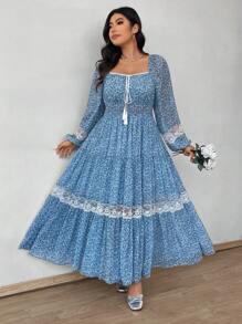 SHEIN LUNE Plus Size Square Neck Long Sleeve Contrast Lace Summer Dress Maxi Women Outfit Fall Cloth For Women - Multicolor - View 4