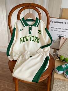 2pcs/Set Young Boys Letter, Star & Number Multicolor Print Polo Collar Half-Zip Sweatshirt And Contrast Color Pants, Comfortable And Breathable For Daily Wear, Outdoor Activities, Travel, School, Autumn/Winter - Green - View 1