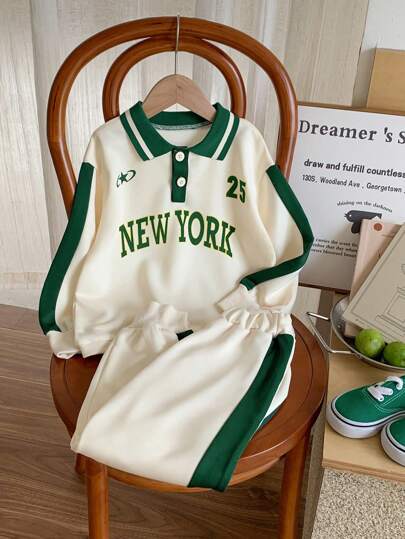 SHEIN 2pcs Set Young Boys Letter, Star, Number Multi-Color Print Polo Collar Half-Zip Sweatshirt And Contrast Color Pants, Comfortable Breathable Suitable For Outdoor Play, Travel, School, Autumn/Winter, Getaway, Holiday, Travel, Relax, Sunbathing, Summer