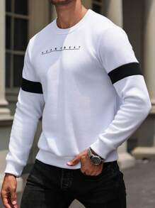 Manfinity Homme 男士时尚简约字母印花圆领长袖运动衫外出字母拼色运动衫，适合朋友、丈夫、男朋友的礼物，适合秋季 - 白色 - 查看 3