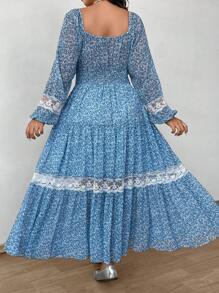 SHEIN LUNE Plus Size Square Neck Long Sleeve Contrast Lace Summer Dress Maxi Women Outfit Fall Cloth For Women - Multicolor - View 2