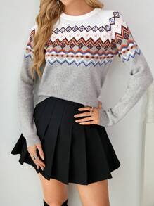 SHEIN Essnce Women's Fall Winter Geometric Print Crew Neck Long Sleeve Sweater Top Fall Sweaters - Multicolor - View 6