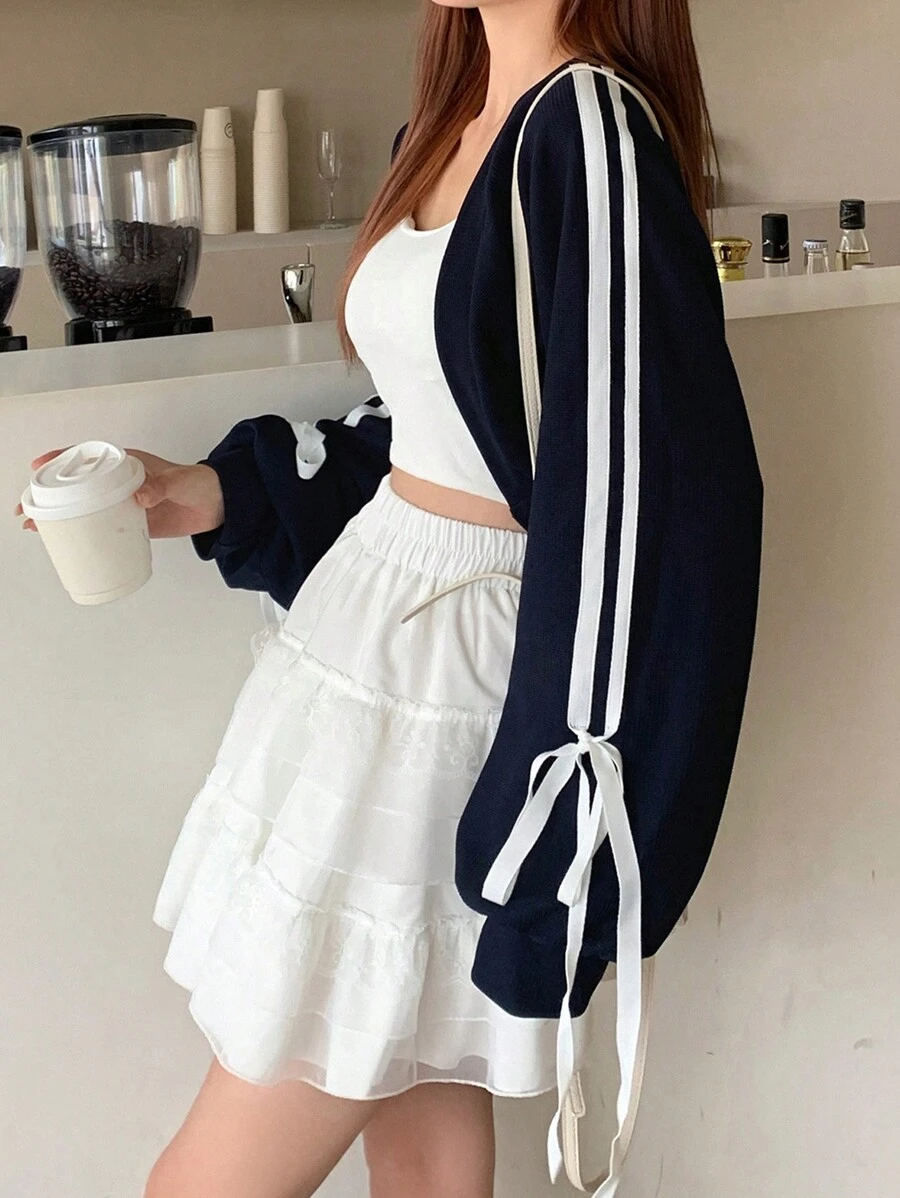 DAZY 女士春秋条纹袖口打结开襟短款上衣 - 藏蓝色 - 查看 1