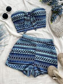 Soleia 2pcs Women Vacation Tied Bustier & High Waist Textured Shorts Set - Multicolor - View 1