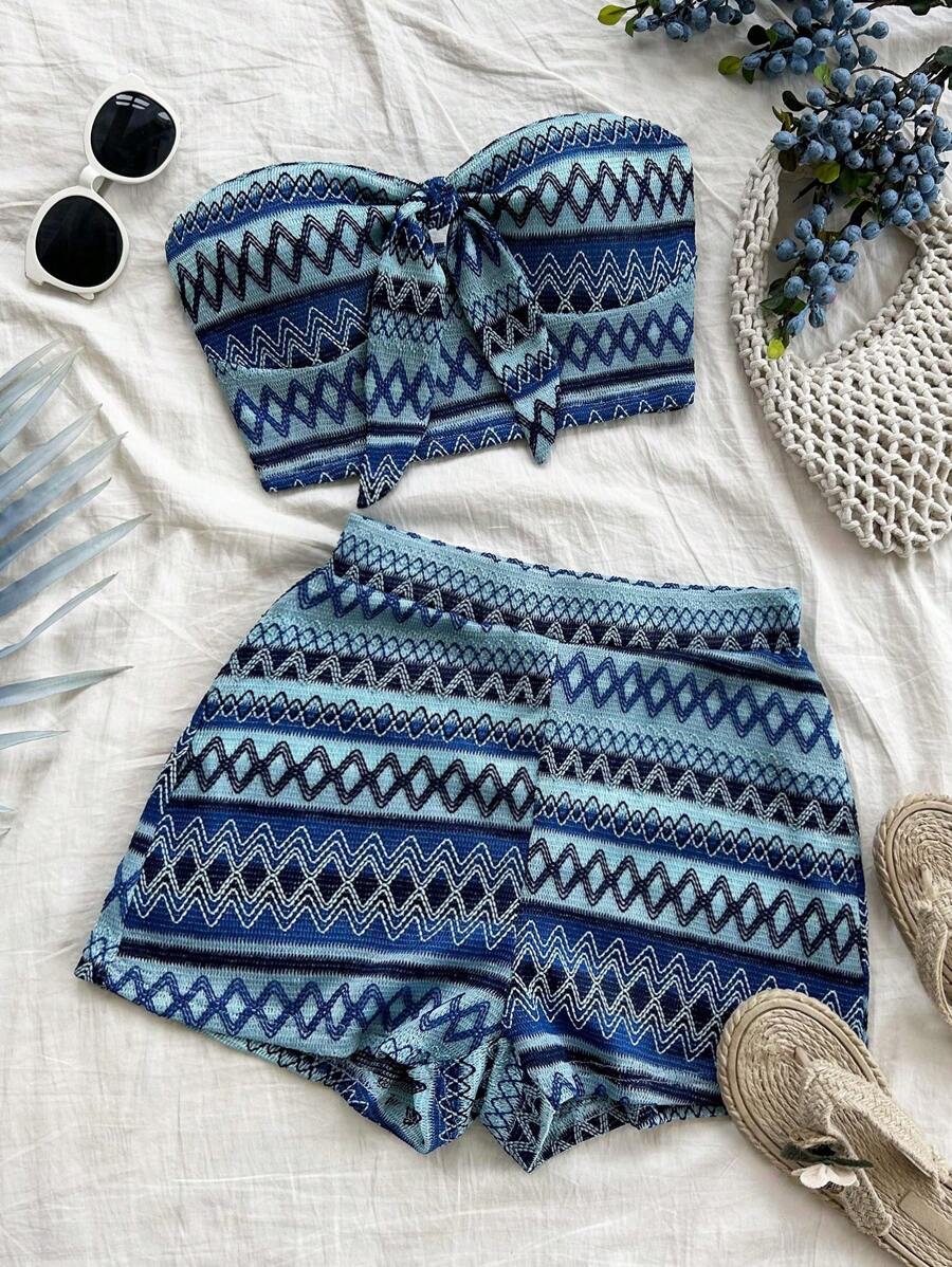 Soleia 2pcs Women Vacation Tied Bustier & High Waist Textured Shorts Set - Multicolor - View 1