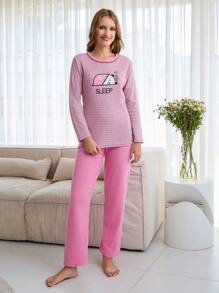 EURMUSE 100% Cotton 2Pcs  Contrast Colour Striped Bear Embroidery Detail Shirt And Long Bottom PJ Set - Pink - View 5