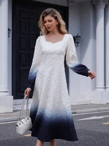 Chiquease Elegant Vintage Embossed Ombre Fitted Waist Long Sleeve Dress Fall Cloth For Women - Multicolor - View 4