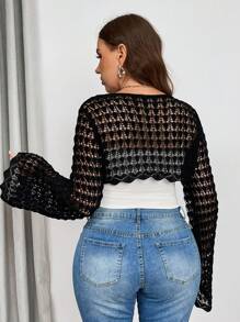SHEIN Privé Plus Size Trang phục dạo phố thanh lịch cho kỳ nghỉ Áo len dài tay rỗng, phong cách đại học mùa hè - màu đen - Xem 2