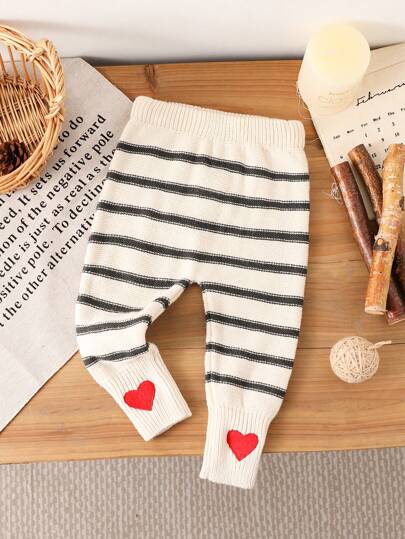 Baby Girls Sweater Pants, Heart Embroidery, Cute Mini Patterns, Comfortable Soft, Suitable For Home Daily Casual Wear