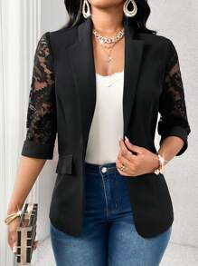 SHEIN Lady Autumn And WinterElegantblack KnittedLaceMidiShirt SleeveContrast LaceLapelWomen Blazers - Black - View 6