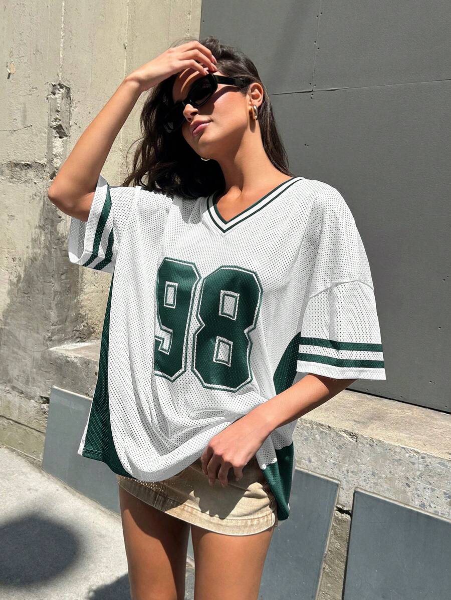 Denimoi Colorblocked Football Jersey Tee With Number Print, Summer Casual Graphic Tees Women