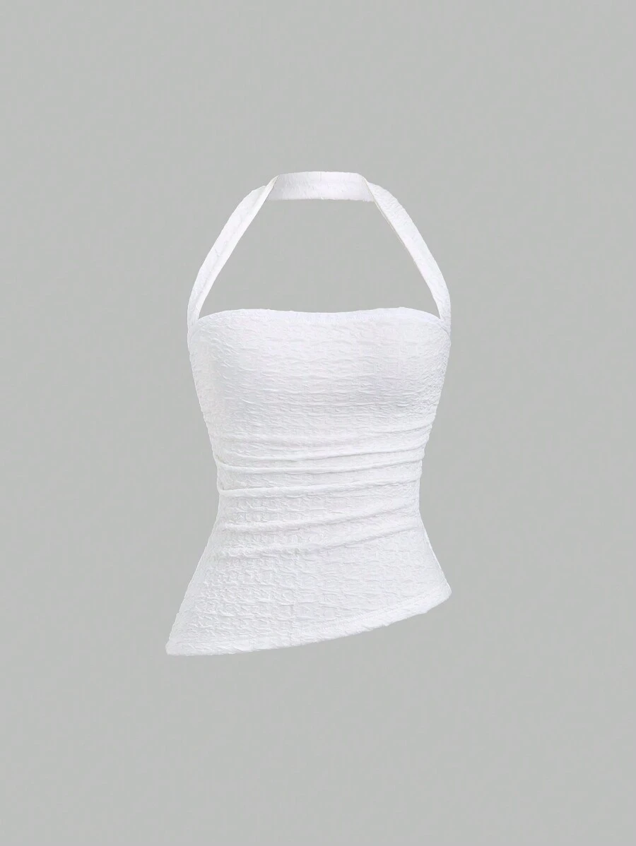 Sweetra Top halter asimétrico fruncido de unicolor para mujer, casual de vacaciones Y2K - Blanco - Ver 1