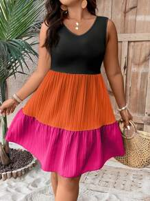 SHEIN LUNE Plus Size Solid Color Patchwork V-Neck Sleeveless Simple Ruched Short Casual Dress