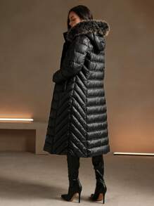 Anewsta Women's Fur Collar Thickened Mid-Length Padded Coat, Fall/Winter - Black - View 6