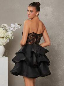 L'Amorae 亮片节日派对分层欧根纱迷你连衣裙，圣诞服装女士 - 黑色 - 查看 2