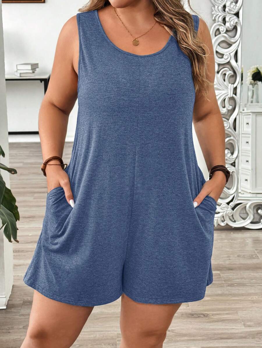 SHEIN LUNE Plus Size Solid Color Round Neck Sleeveless Pocket Simple Romper, Casual Daily Wear - Blue - View 1