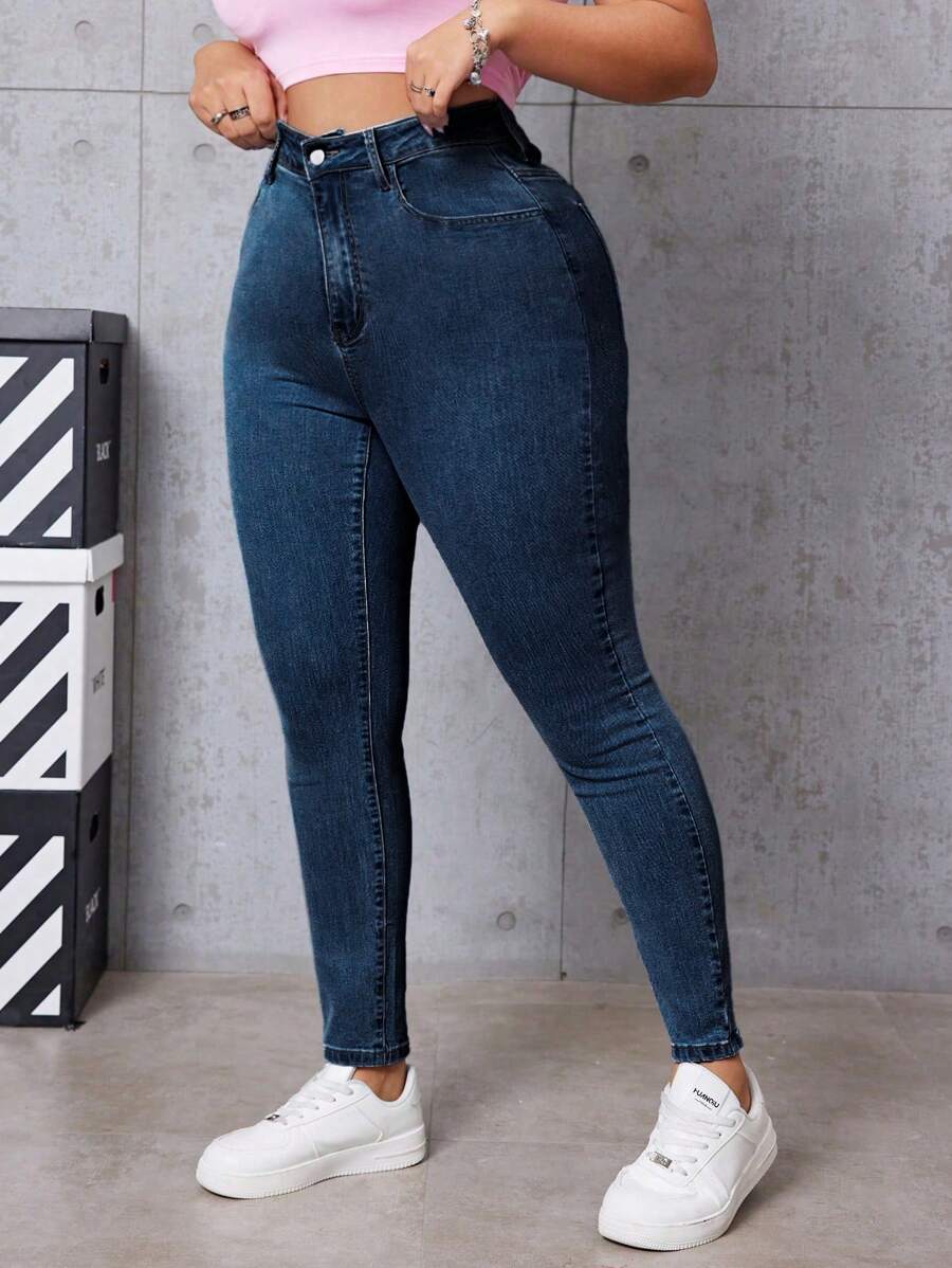 SHEIN EZwear Quần Jeans Skinny Túi Thời Trang Thường Ngày Cỡ Lớn Cho Nữ - Rửa tối - Xem 1