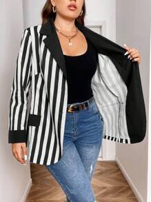 SHEIN Essnce Plus Size Autumn & Winter Warm Color Blocked Black And White Striped Loose Blazer - Black and White - View 7