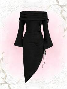 Flirla Vestido de hombros descubiertos de un solo color con bajo asimétrico para tallas grandes - Negro - Ver 5