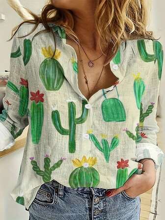 Blusa simple con estampado de cactus para el Día de la Madre, camisa casual de manga larga y abotonada para mujeres