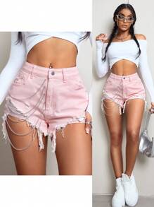 SHEIN EZwear Shorts vaqueros de verano con cadena decorativa, con bajos deshilachados y desgarrados - Rosa - Ver 2
