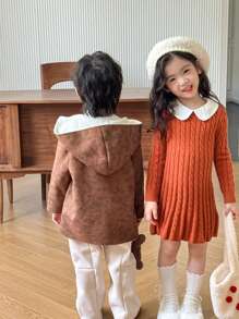 SHEIN Young Girl  Cute & Comfortable  Long Sleeve Contrast Peter Pan Collar Knit A-Line Sweater Dress, Autumn And Winter - Multicolor - View 2