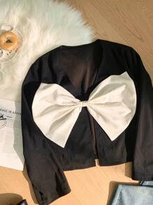 SHEIN Privé Plus Size Women's Black & White Color Block Bow Detachable Cardigan Jacket - Black and White - View 3